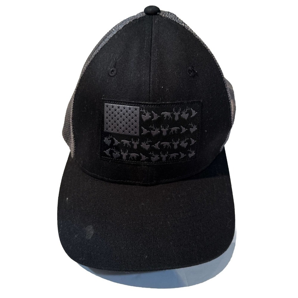 Columbia PHG Black/Gray Mesh Baseball Hat Flexfit S/M Fitted American Flag
